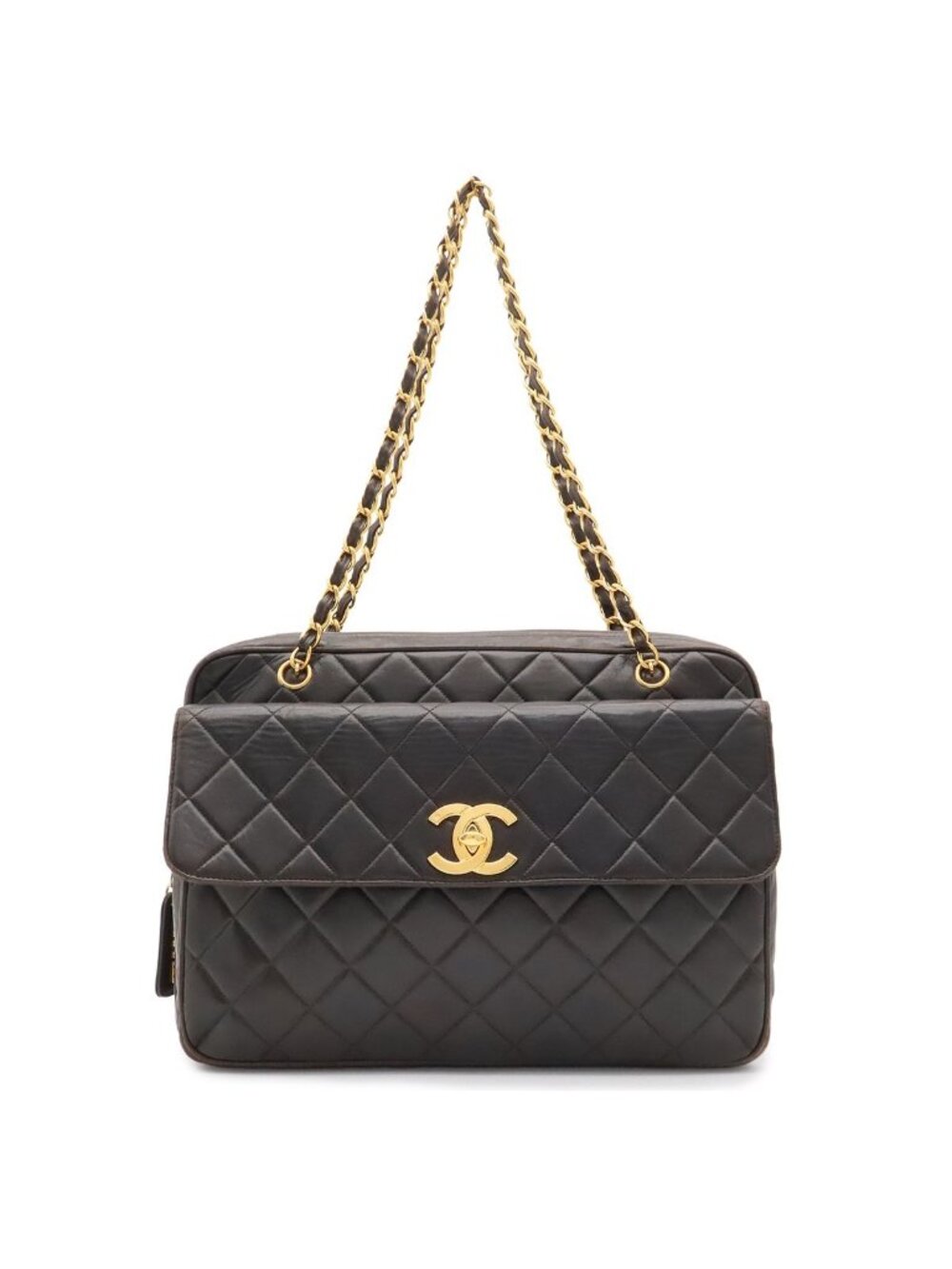 Chanel Quilted CC Logo Chain Shoulder Tote Bag Leather Black Gold